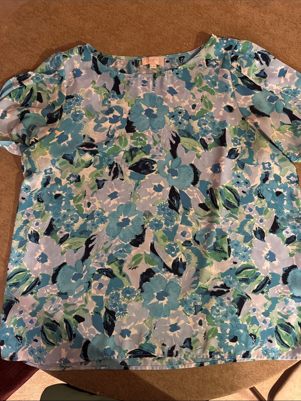 LOFT Blue and Green Floral Short-Sleeve Blouse